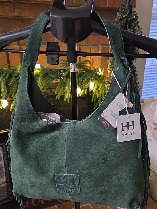 Haute Hippie Handbags - Haute Hippie Dark Green Suede Hobo Bag with Fringe NWT